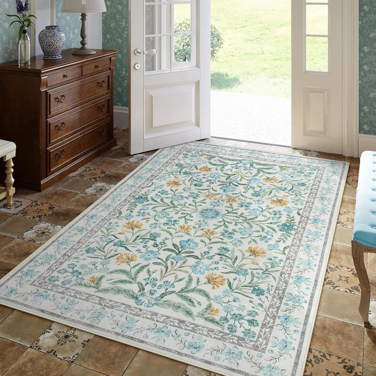 Lahome Blue 5x7 Area Rugs for Living Room, Boho Floral Washable Girls Bedroom Rug, Soft Retro Non-Slip Nursery Rugs for Kids Room Playroom Apartment