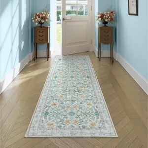 Lahome Machine Washable Runner Rug 2x6, Boho Floral Runners for Kitchen Floor, Bohemian Soft Thin Indoor Throw Carpet Runners for Hallway Bathroom Laundry 6ft, Blue
