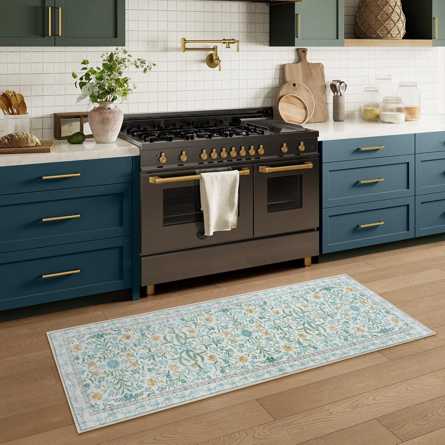 Lahome Machine Washable Runner Rug 2x6, Boho Floral Runners for Kitchen Floor, Bohemian Soft Thin Indoor Throw Carpet Runners for Hallway Bathroom Laundry 6ft, Blue