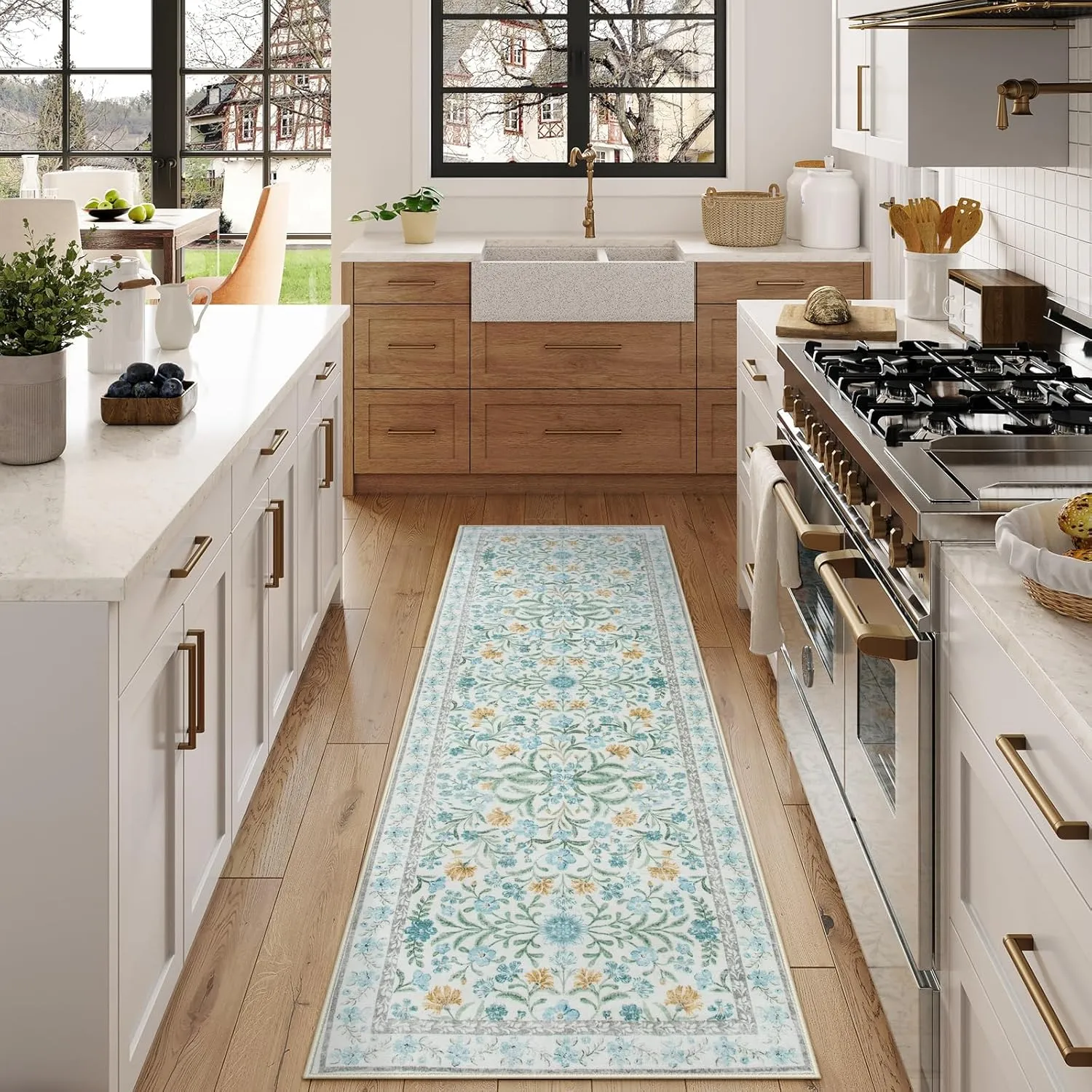 Lahome Machine Washable Runner Rug 2x6, Boho Floral Runners for Kitchen Floor, Bohemian Soft Thin Indoor Throw Carpet Runners for Hallway Bathroom Laundry 6ft, Blue