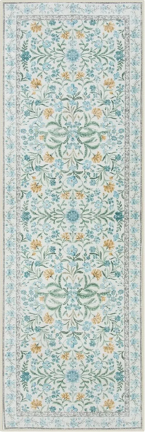 Lahome Machine Washable Runner Rug 2x6, Boho Floral Runners for Kitchen Floor, Bohemian Soft Thin Indoor Throw Carpet Runners for Hallway Bathroom Laundry 6ft, Blue