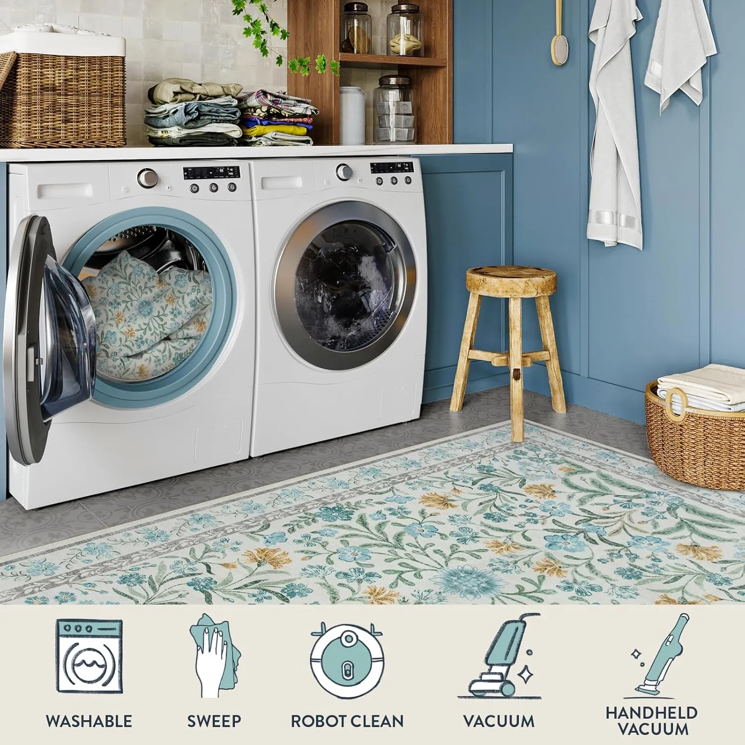 Lahome Machine Washable Runner Rug 2x6, Boho Floral Runners for Kitchen Floor, Bohemian Soft Thin Indoor Throw Carpet Runners for Hallway Bathroom Laundry 6ft, Blue