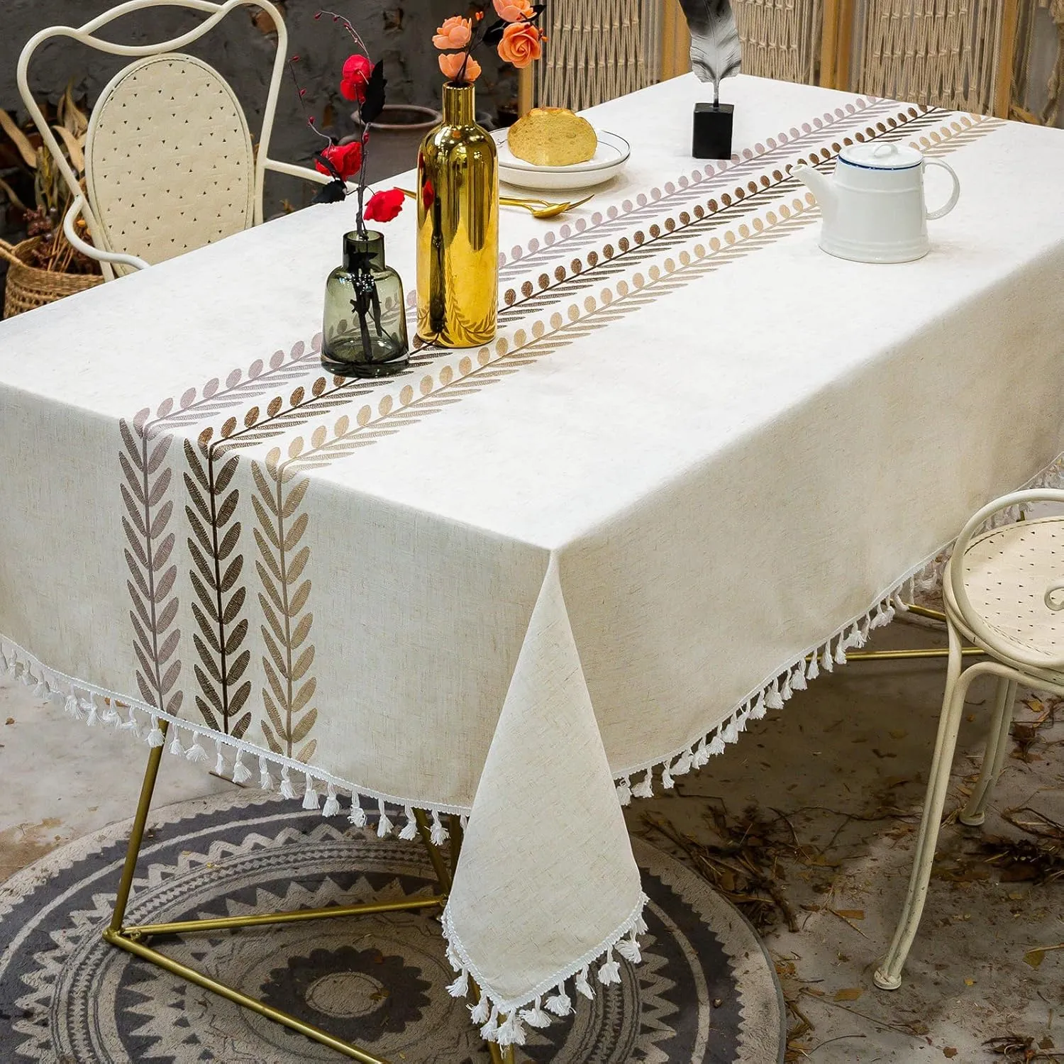 Laolitou Tablecloth for Dining Table Rustic Farmhouse Kitchen Table Cloth Coffee Cover, Cotton Linen Fabric Small Rectangle Tables Cloths, Beige, Wine Leaf, 55x55 Inch