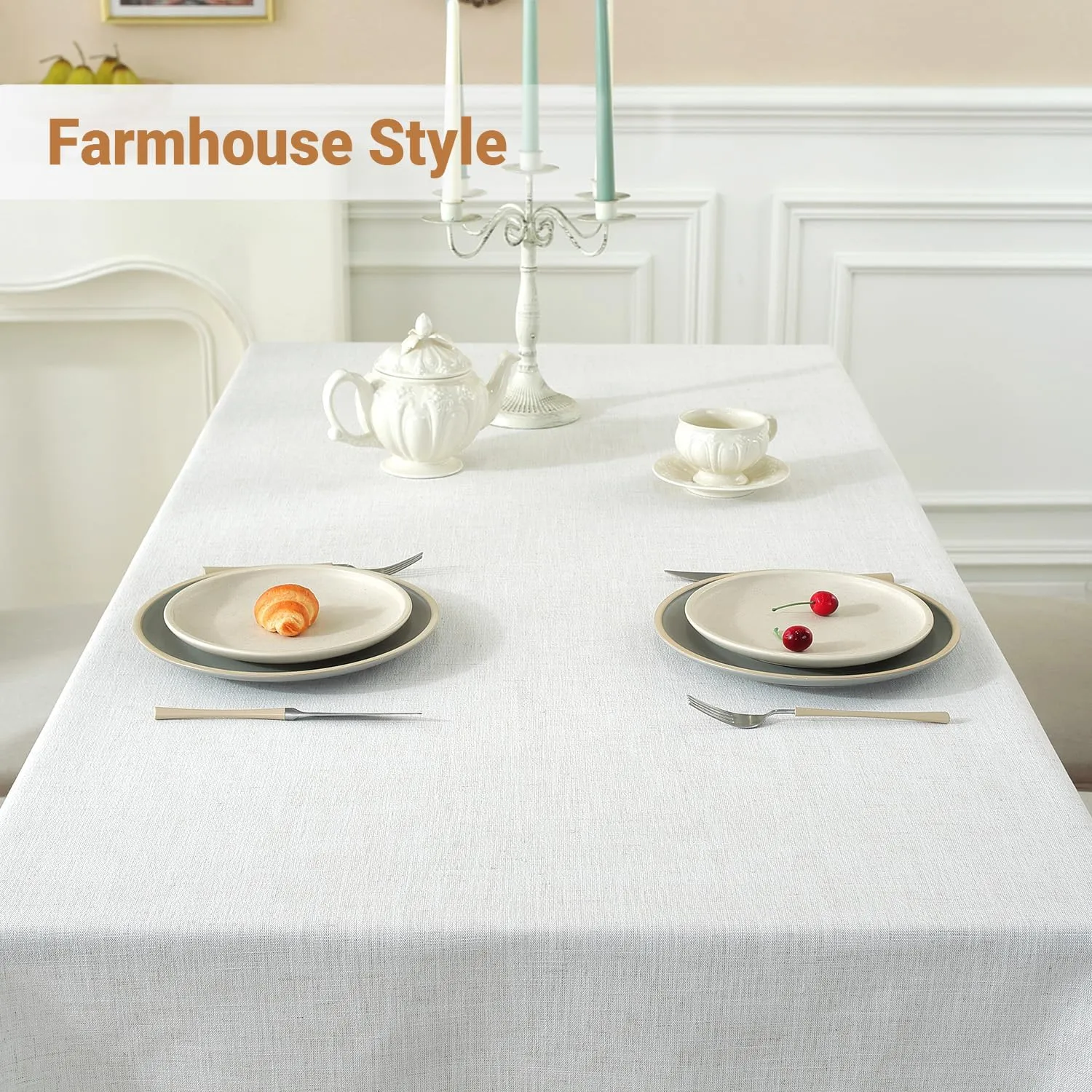 Laolitou Textured Table Cloth for Rectangle Table, Heavy Duty Farmhouse Tablecloth Solid Cotton Linen Waterproof Wrinkle Free Burlap Tables Cover for Kitchen Dining,Party, Ivory 55''x55'',4 Seats