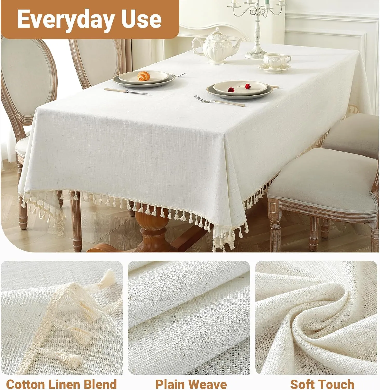 Laolitou Textured Table Cloth for Rectangle Table, Heavy Duty Farmhouse Tablecloth Solid Cotton Linen Waterproof Wrinkle Free Burlap Tables Cover for Kitchen Dining,Party, Ivory 55''x55'',4 Seats