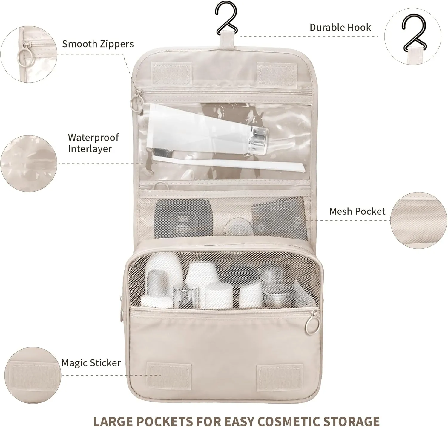 Large Capacity Toiletry Bag Travel Bag with Hanging Hook for Men and Women Waterproof Travel Cosmetic Bag Bathroom Storage Bag for Brushes Set, Full-Sized Shampoo,Accessories(White Cactus)