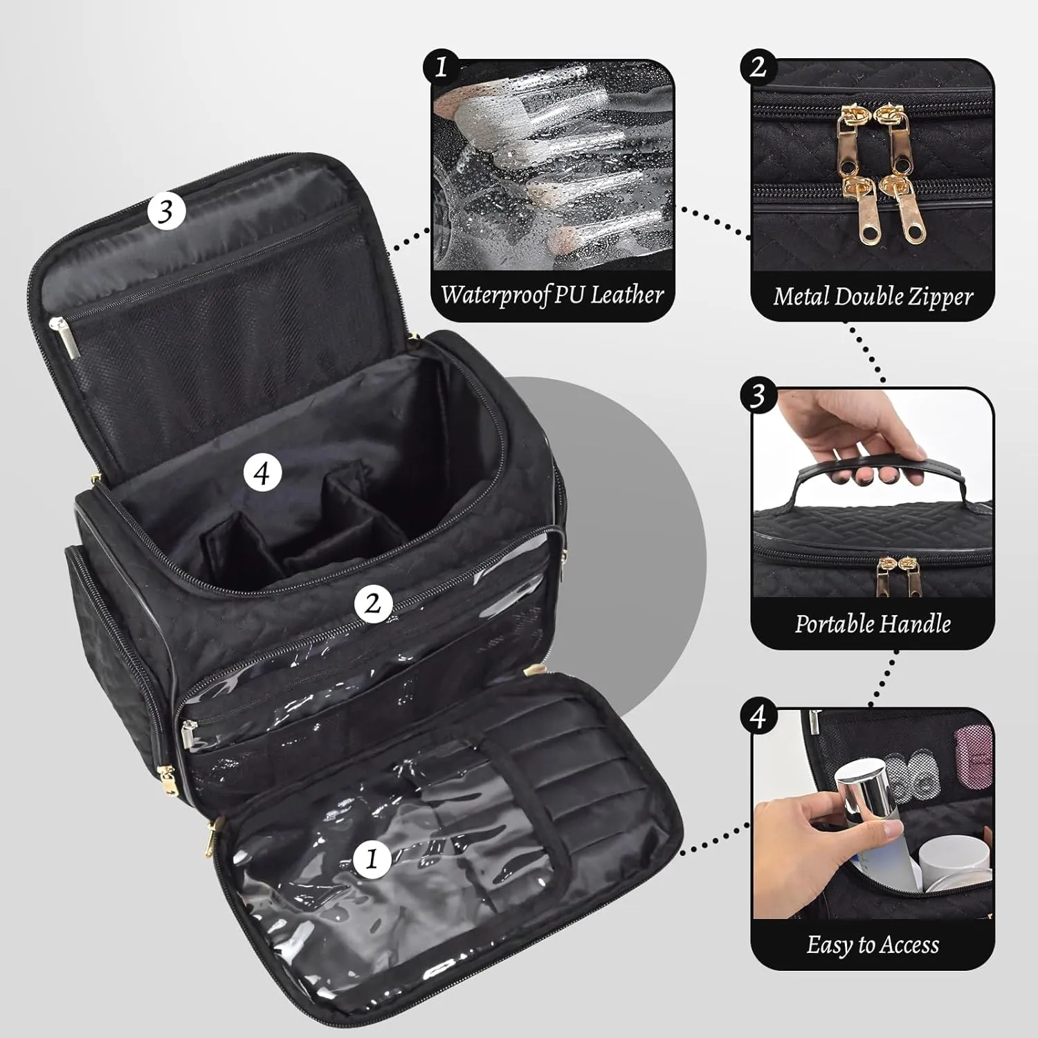 Large Makeup Bag Organizer with Brush Storage，Travel Makeup Bag with Compartments for Travel Toiletry Bag for Women (Black)