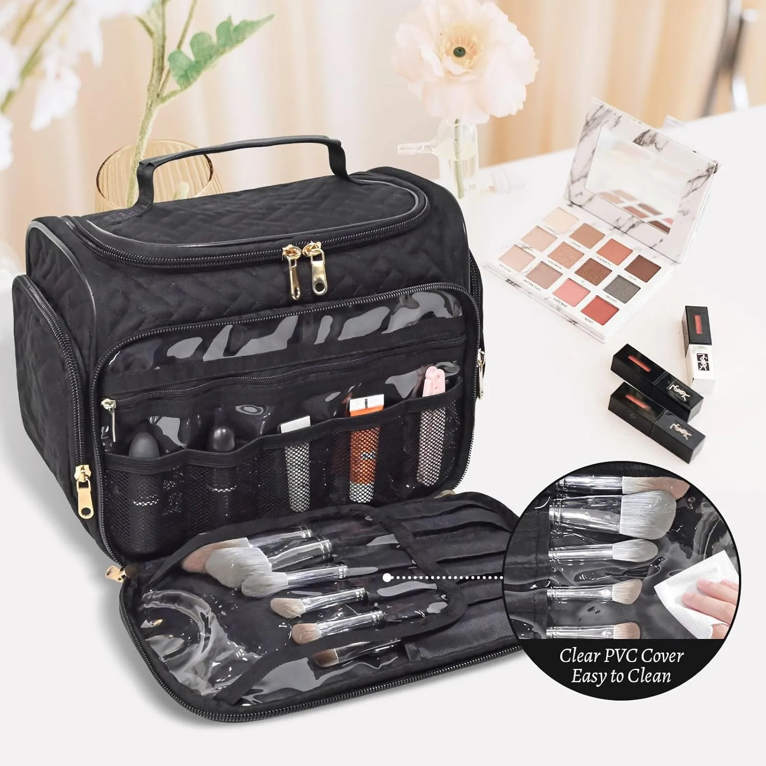 Large Makeup Bag Organizer with Brush Storage，Travel Makeup Bag with Compartments for Travel Toiletry Bag for Women (Black)