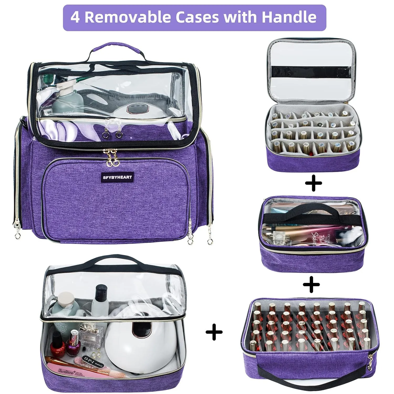 Large Travel Makeup Bag & Nail Polish Organizer Holds 80 Bottles (15ml-0.5 fl.oz), Nail Polish Storage, Cosmetic Bag with 4 Removable Cases for Nail Suppliers, Makeup, Gift for Women