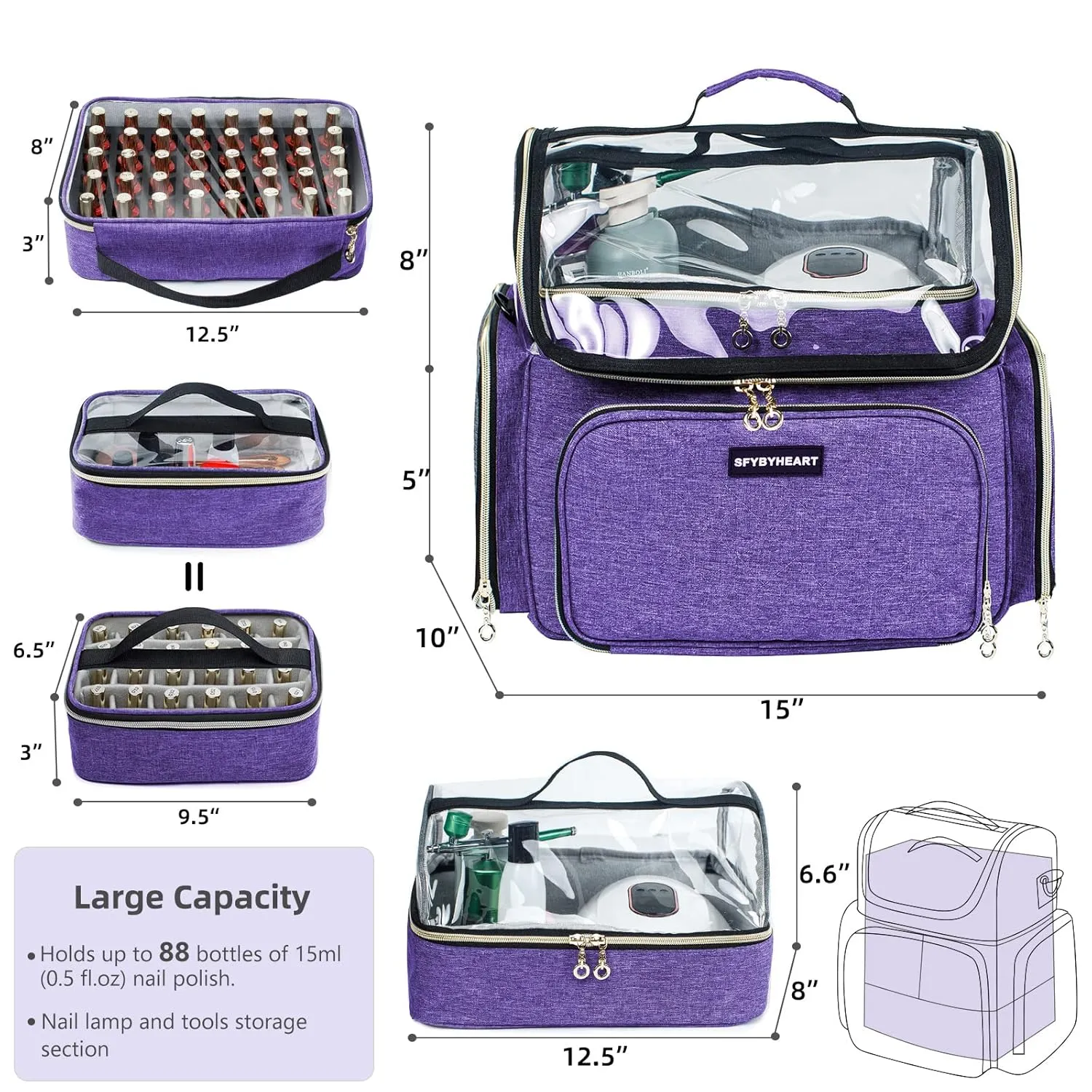 Large Travel Makeup Bag & Nail Polish Organizer Holds 80 Bottles (15ml-0.5 fl.oz), Nail Polish Storage, Cosmetic Bag with 4 Removable Cases for Nail Suppliers, Makeup, Gift for Women