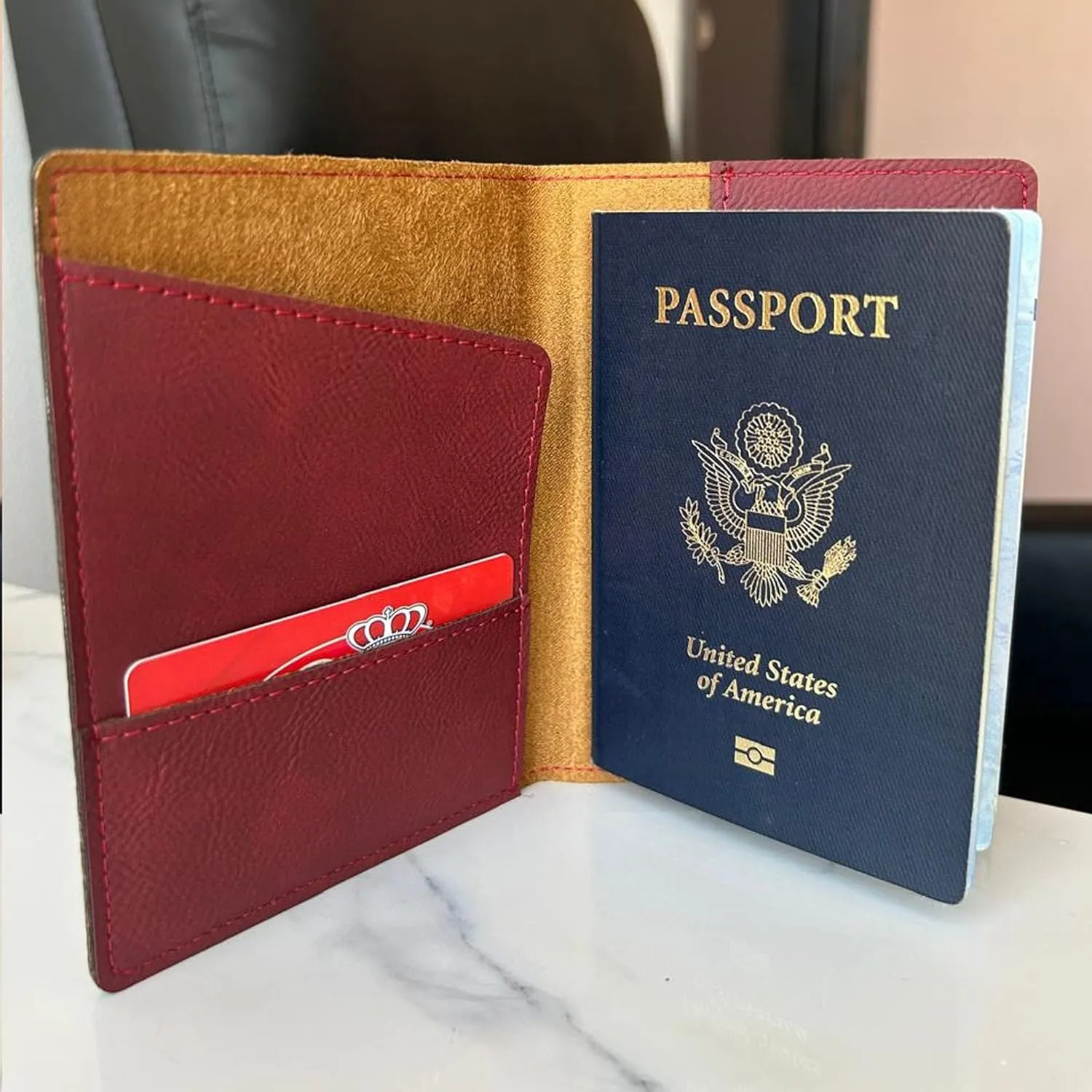 LaserGram Faux Leather Passport Holder, Basketball Slam Dunk Man, Personalized Engraving Included (Burgundy)