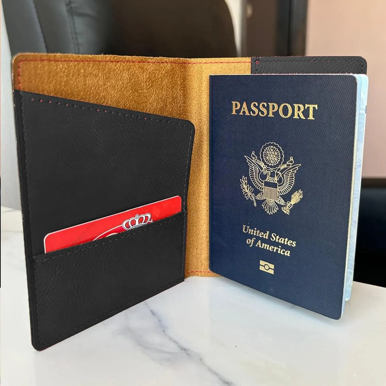LaserGram Faux Leather Passport Holder, Basketball Slam Dunk Woman, Personalized Engraving Included (Black with Gold)