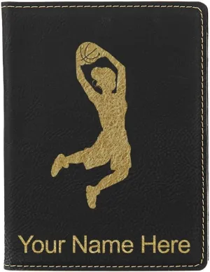 LaserGram Faux Leather Passport Holder, Basketball Slam Dunk Woman, Personalized Engraving Included (Black with Gold)