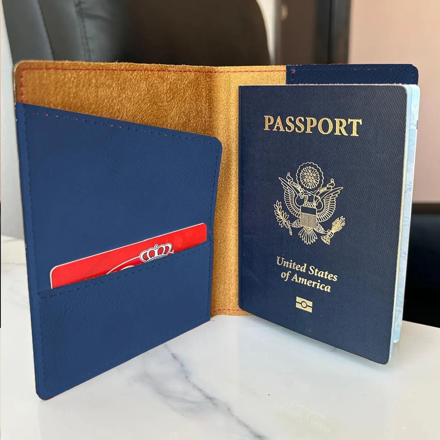 LaserGram Faux Leather Passport Holder, Basketball Slam Dunk Woman, Personalized Engraving Included (Dark Blue)