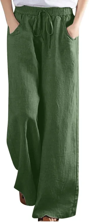 Lastesso Linen Pants Women Plus Size Elastic Waistband Straight Palazzo Flowy Trousers Comfy Summer Cotton Hawaiian Outfits