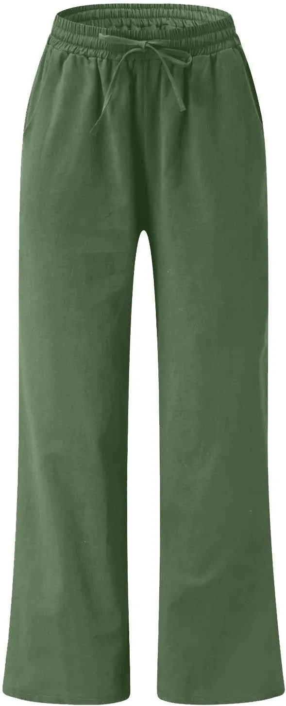 Lastesso Linen Pants Women Plus Size Elastic Waistband Straight Palazzo Flowy Trousers Comfy Summer Cotton Hawaiian Outfits