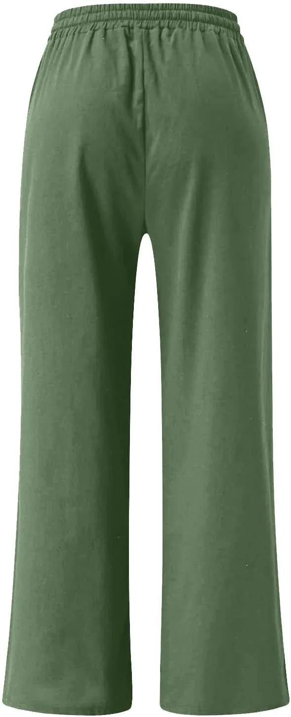 Lastesso Linen Pants Women Plus Size Elastic Waistband Straight Palazzo Flowy Trousers Comfy Summer Cotton Hawaiian Outfits