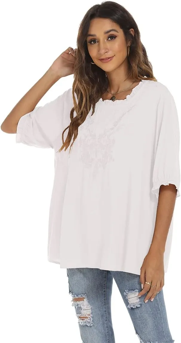 LauraKlein 3/4 Sleeve Tops for Women Mexican Embroidered Tops Peasant Blouse Boho Round Neck Shirts Bohemian Casual Tunic