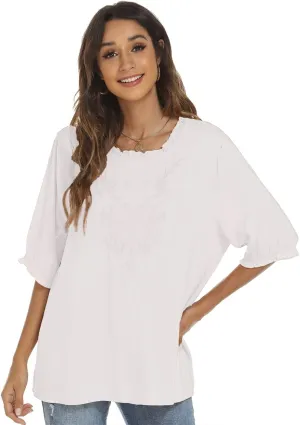 LauraKlein 3/4 Sleeve Tops for Women Mexican Embroidered Tops Peasant Blouse Boho Round Neck Shirts Bohemian Casual Tunic