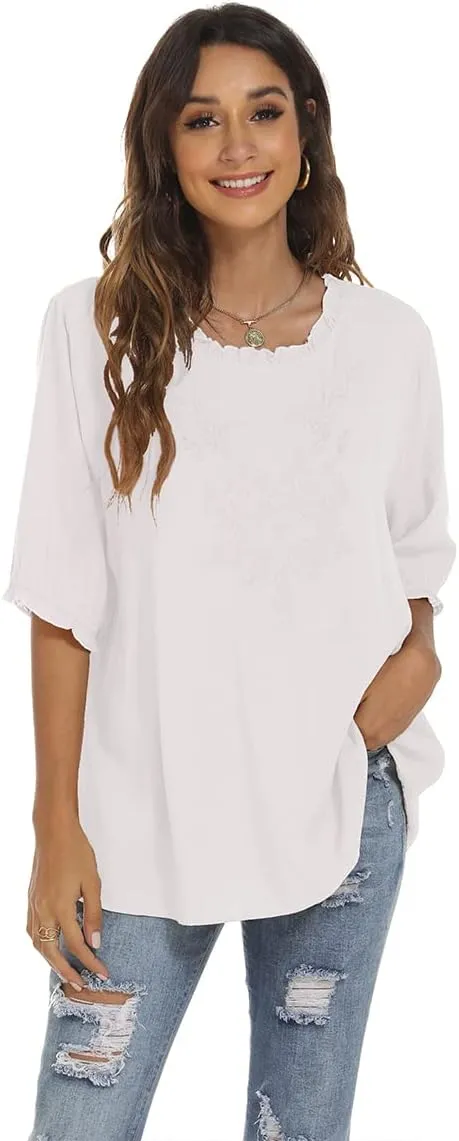 LauraKlein 3/4 Sleeve Tops for Women Mexican Embroidered Tops Peasant Blouse Boho Round Neck Shirts Bohemian Casual Tunic
