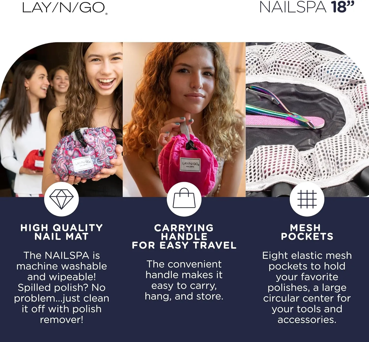 Lay-n-Go NailSpa Drawstring Cosmetic Bag - Portable Nail Supplies Organizer Bag w/ 8 Elastic Mesh Pockets & Circular Center - Durable, Machine Washable Nail Kit Organizer (18", Red)
