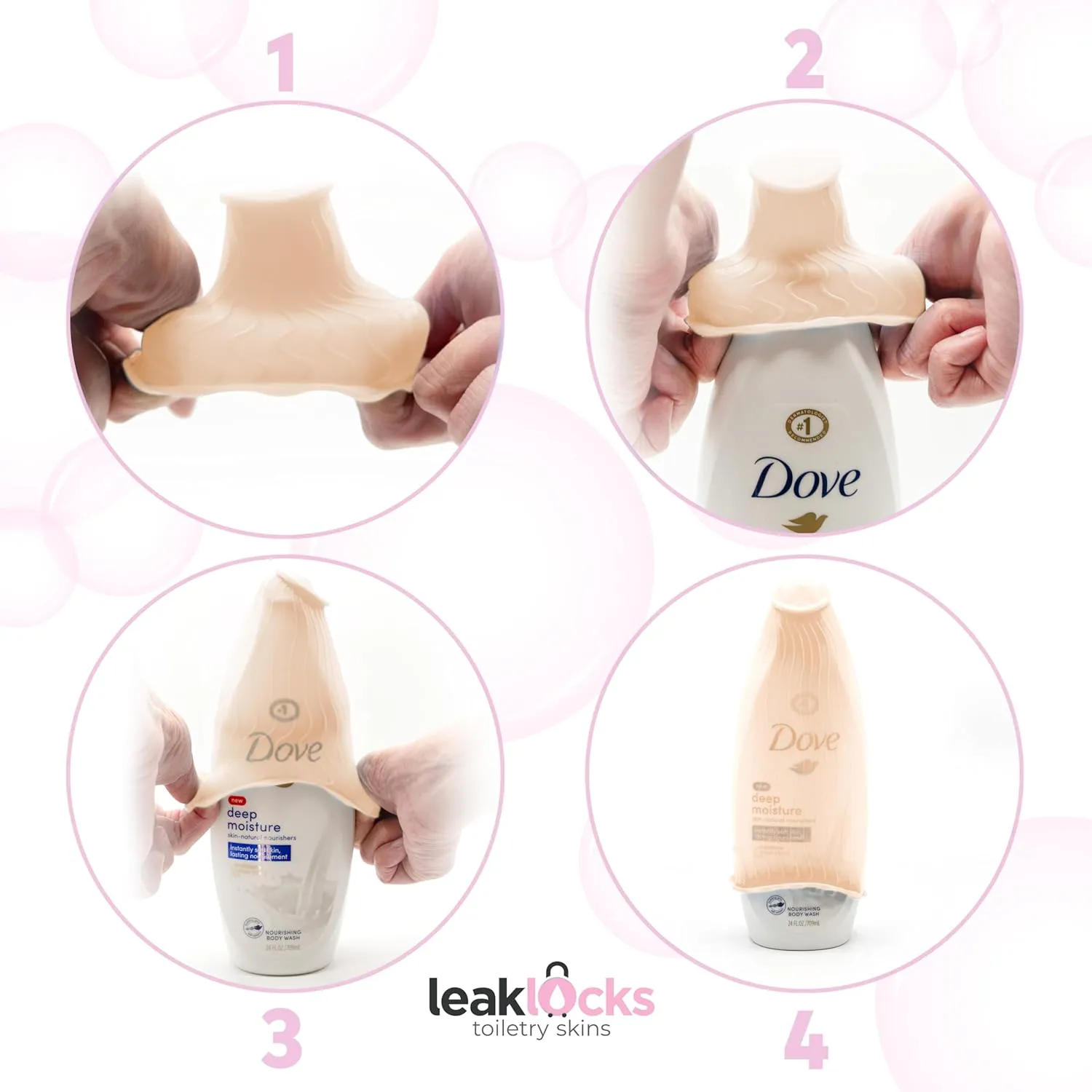 LeakLocks® Toiletry Skins 4-Pack w/Travel Bag. Elastic Sleeve for Leak-Proofing Travel Container in Luggage. Fits Standard/Travel Sized Toiletries. Reusable Accessory for Travel Bag Suitcase/Carry-on