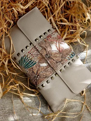 Leather Envelope with Studs Beige