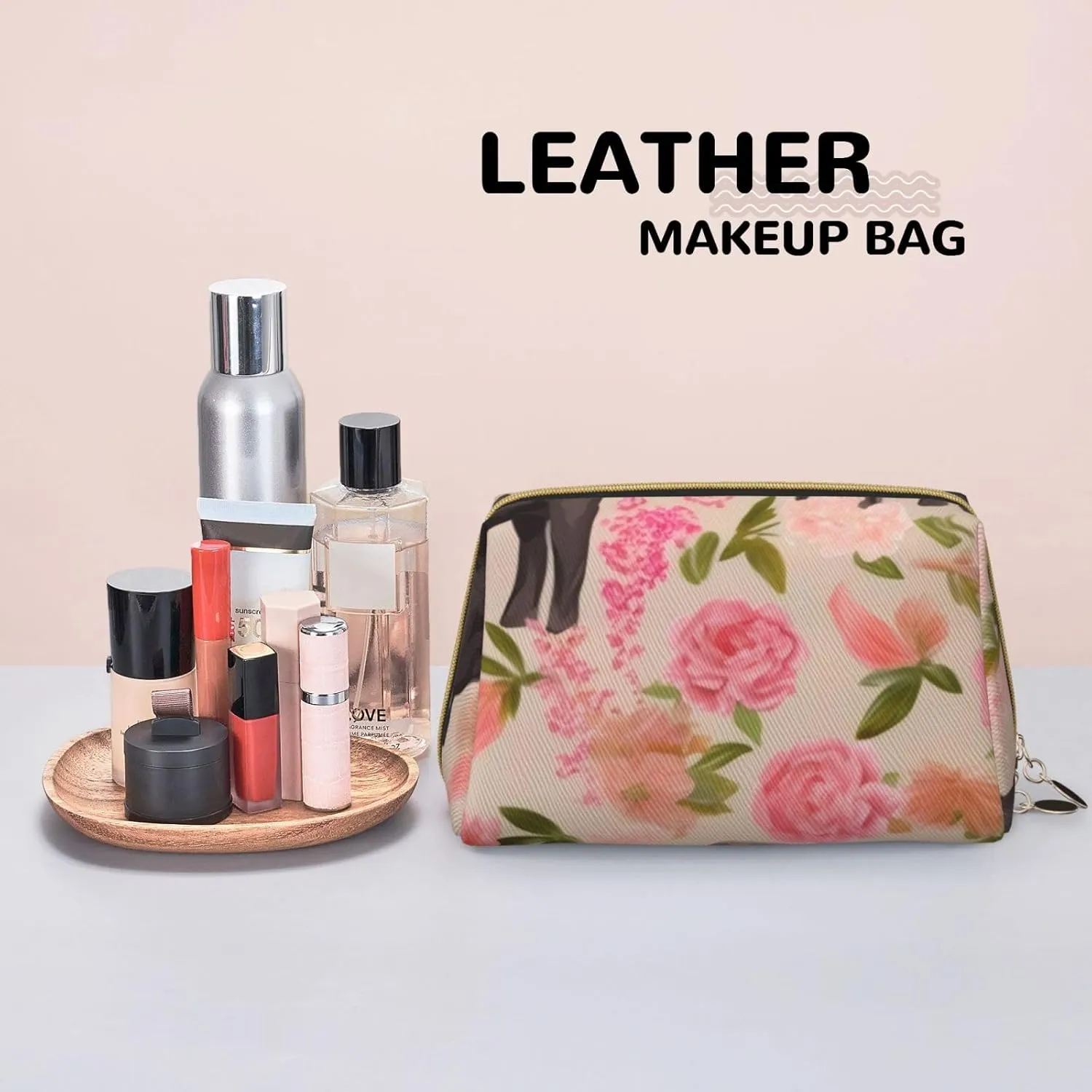 Leather Makeup Bag Funny Flower Show Steer Cows Cattle Print Makeup Pouch For Women With Zipper Portable Travel Cosmetic Bags 8.3x3.6x5.3in