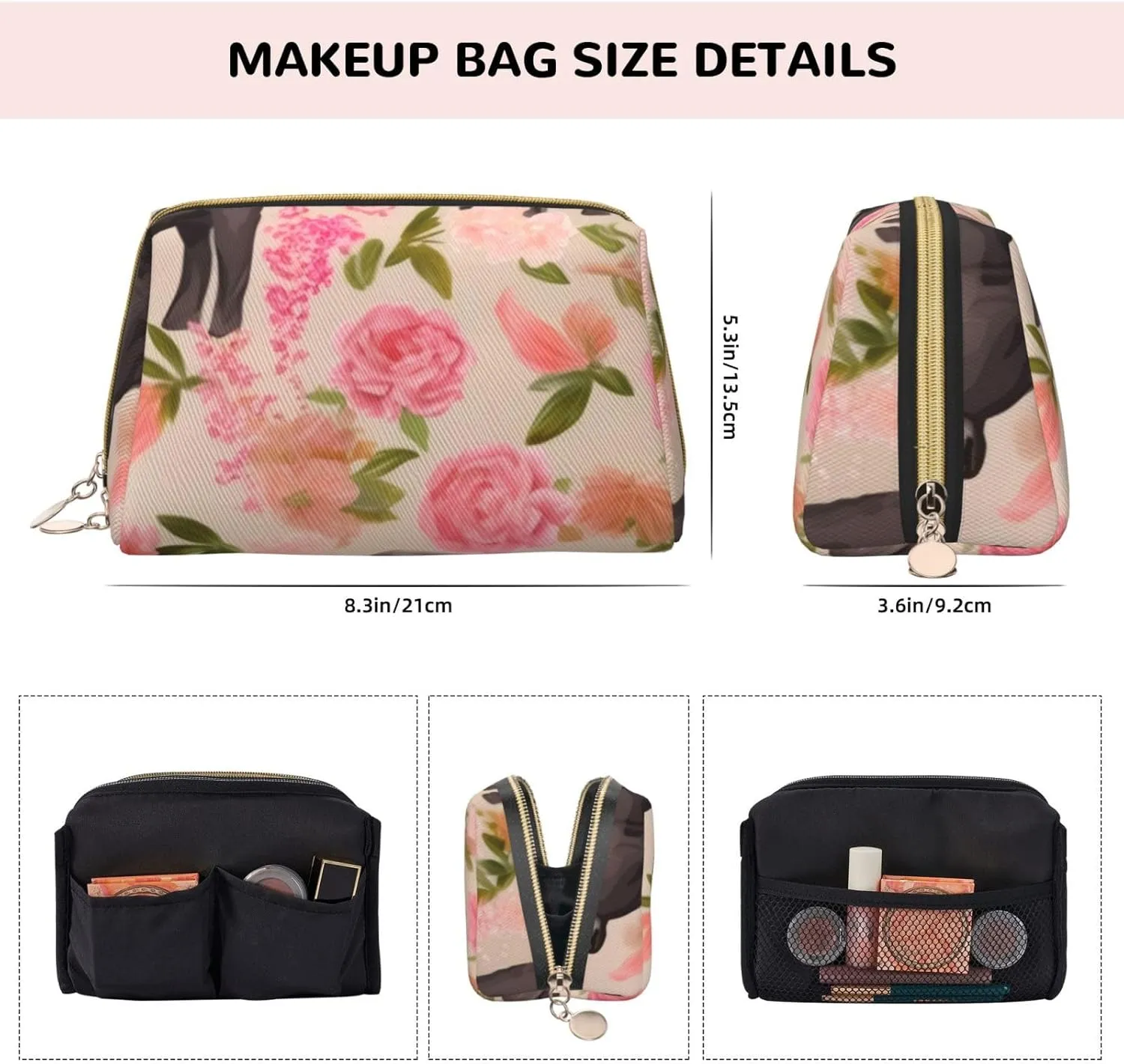 Leather Makeup Bag Funny Flower Show Steer Cows Cattle Print Makeup Pouch For Women With Zipper Portable Travel Cosmetic Bags 8.3x3.6x5.3in