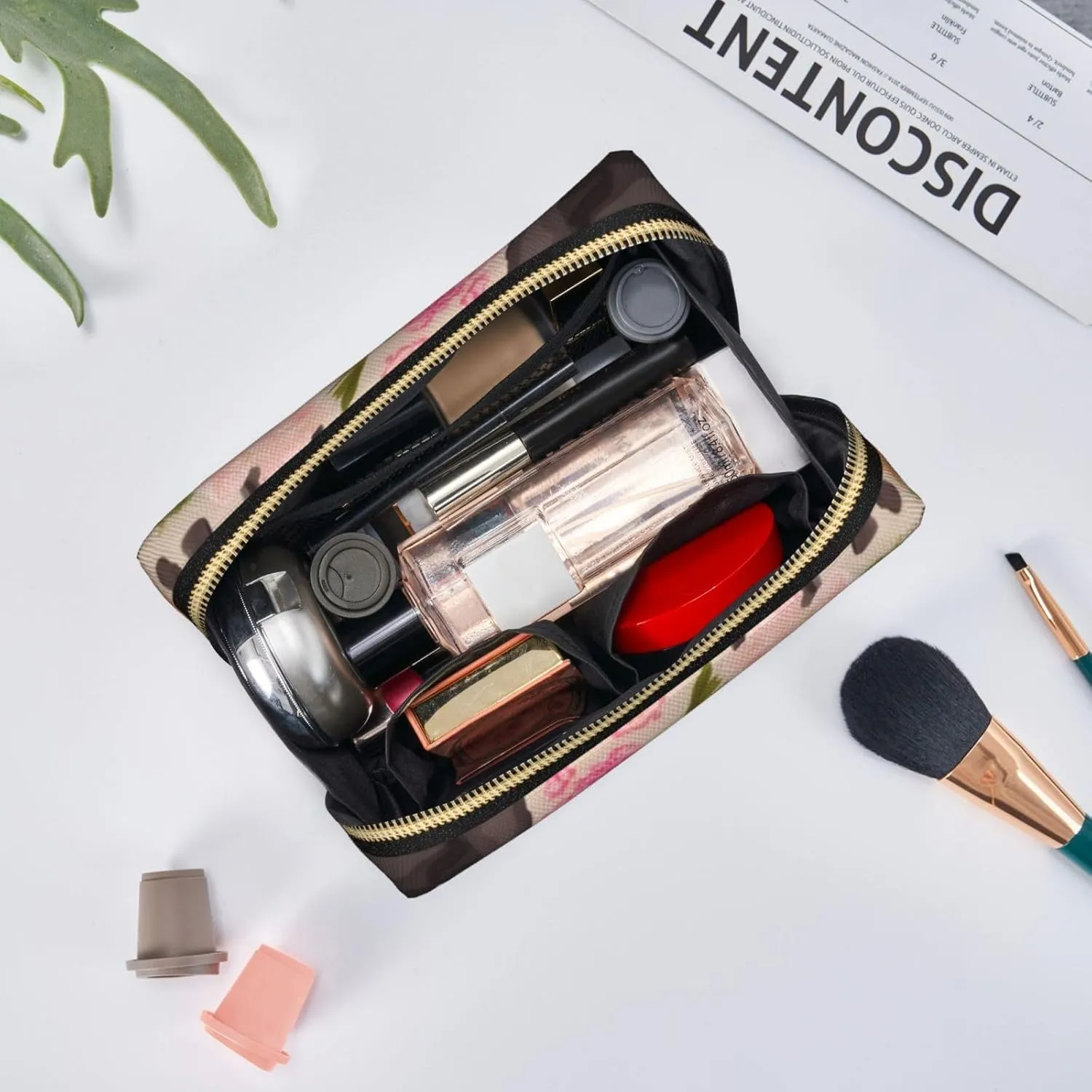 Leather Makeup Bag Funny Flower Show Steer Cows Cattle Print Makeup Pouch For Women With Zipper Portable Travel Cosmetic Bags 8.3x3.6x5.3in