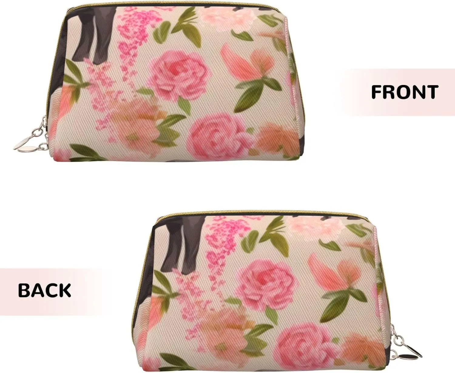 Leather Makeup Bag Funny Flower Show Steer Cows Cattle Print Makeup Pouch For Women With Zipper Portable Travel Cosmetic Bags 8.3x3.6x5.3in
