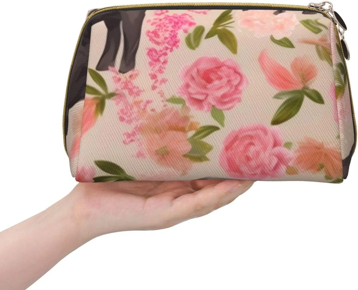Leather Makeup Bag Funny Flower Show Steer Cows Cattle Print Makeup Pouch For Women With Zipper Portable Travel Cosmetic Bags 8.3x3.6x5.3in