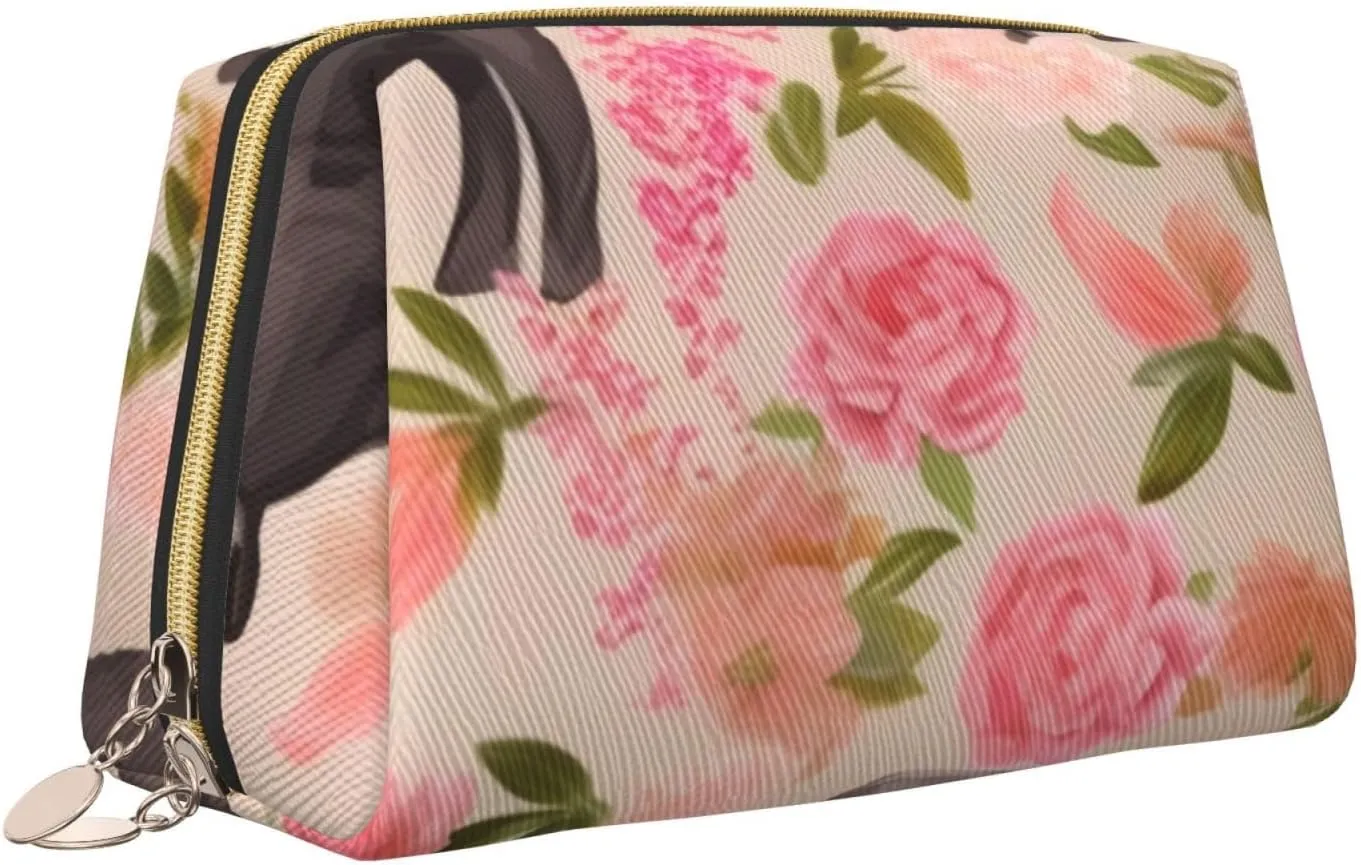 Leather Makeup Bag Funny Flower Show Steer Cows Cattle Print Makeup Pouch For Women With Zipper Portable Travel Cosmetic Bags 8.3x3.6x5.3in