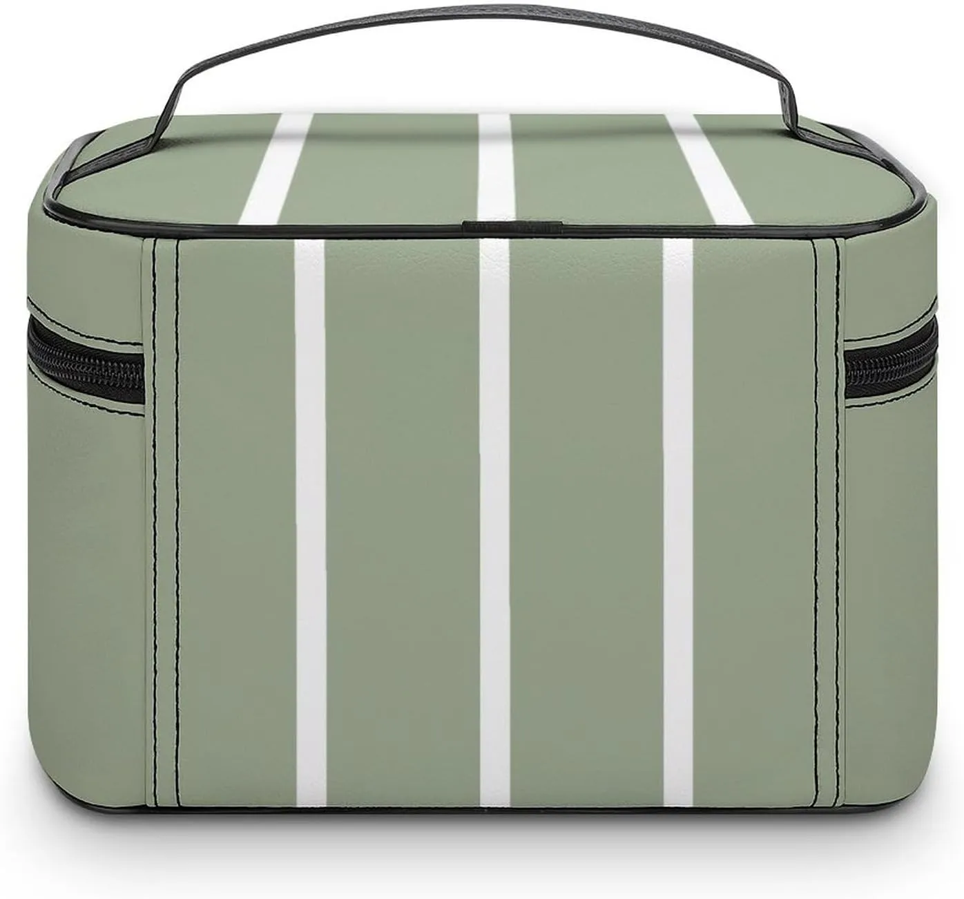 Leather Portable Makeup Bag, Sage Green White Skinny Stripes Travel Cosmetic Bag Makeup Organizer Case Large Capacity Zipper Toiletry Bag for Women