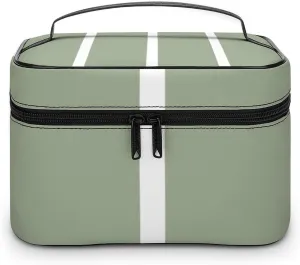 Leather Portable Makeup Bag, Sage Green White Skinny Stripes Travel Cosmetic Bag Makeup Organizer Case Large Capacity Zipper Toiletry Bag for Women