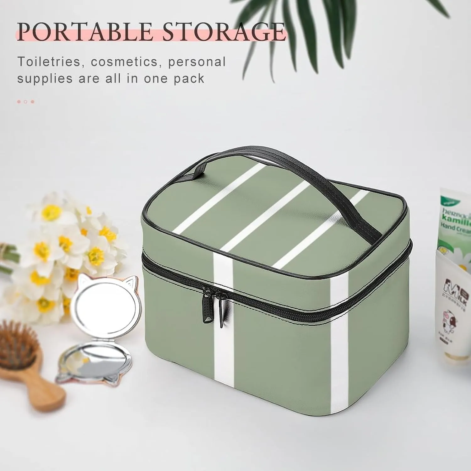 Leather Portable Makeup Bag, Sage Green White Skinny Stripes Travel Cosmetic Bag Makeup Organizer Case Large Capacity Zipper Toiletry Bag for Women