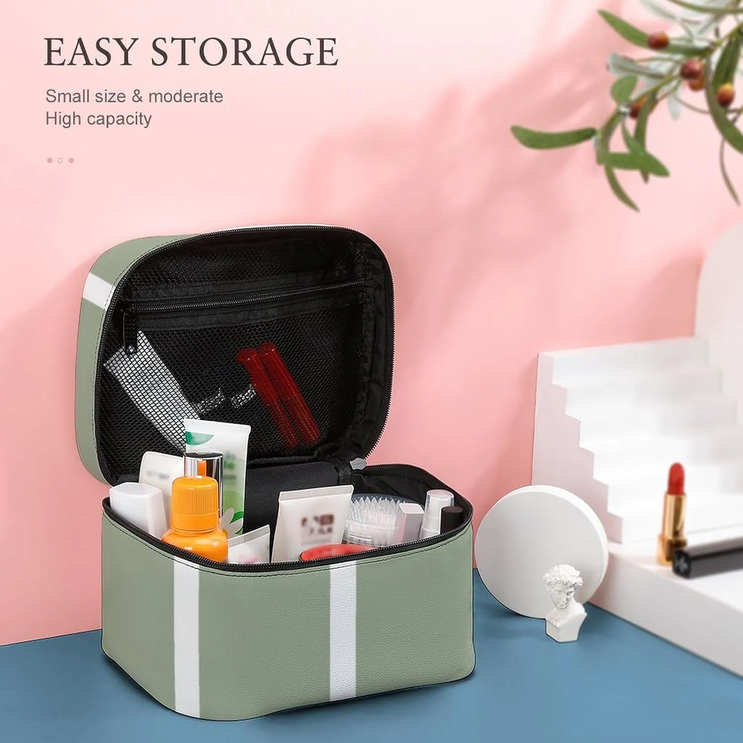 Leather Portable Makeup Bag, Sage Green White Skinny Stripes Travel Cosmetic Bag Makeup Organizer Case Large Capacity Zipper Toiletry Bag for Women