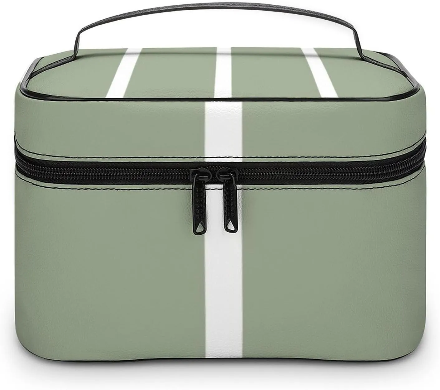 Leather Portable Makeup Bag, Sage Green White Skinny Stripes Travel Cosmetic Bag Makeup Organizer Case Large Capacity Zipper Toiletry Bag for Women