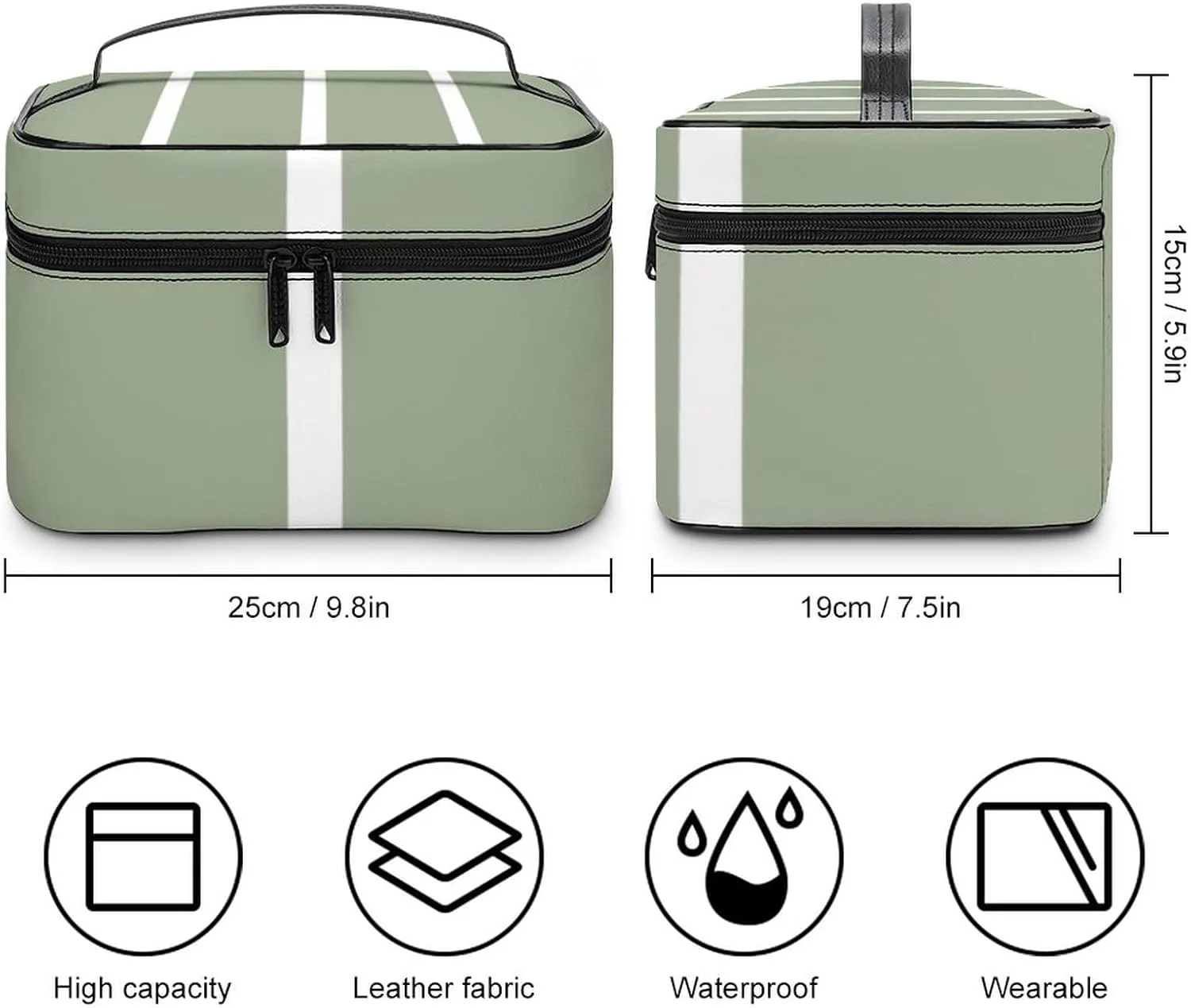 Leather Portable Makeup Bag, Sage Green White Skinny Stripes Travel Cosmetic Bag Makeup Organizer Case Large Capacity Zipper Toiletry Bag for Women