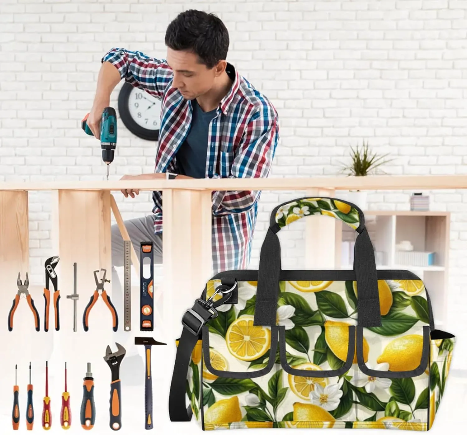 Lemon Tool Bags for Men and Women Fruits Leaves Heavy Duty Tool Tote Organizer Bag for Electrician Carpenter Mechanic, Adjustable Shoulder Strap