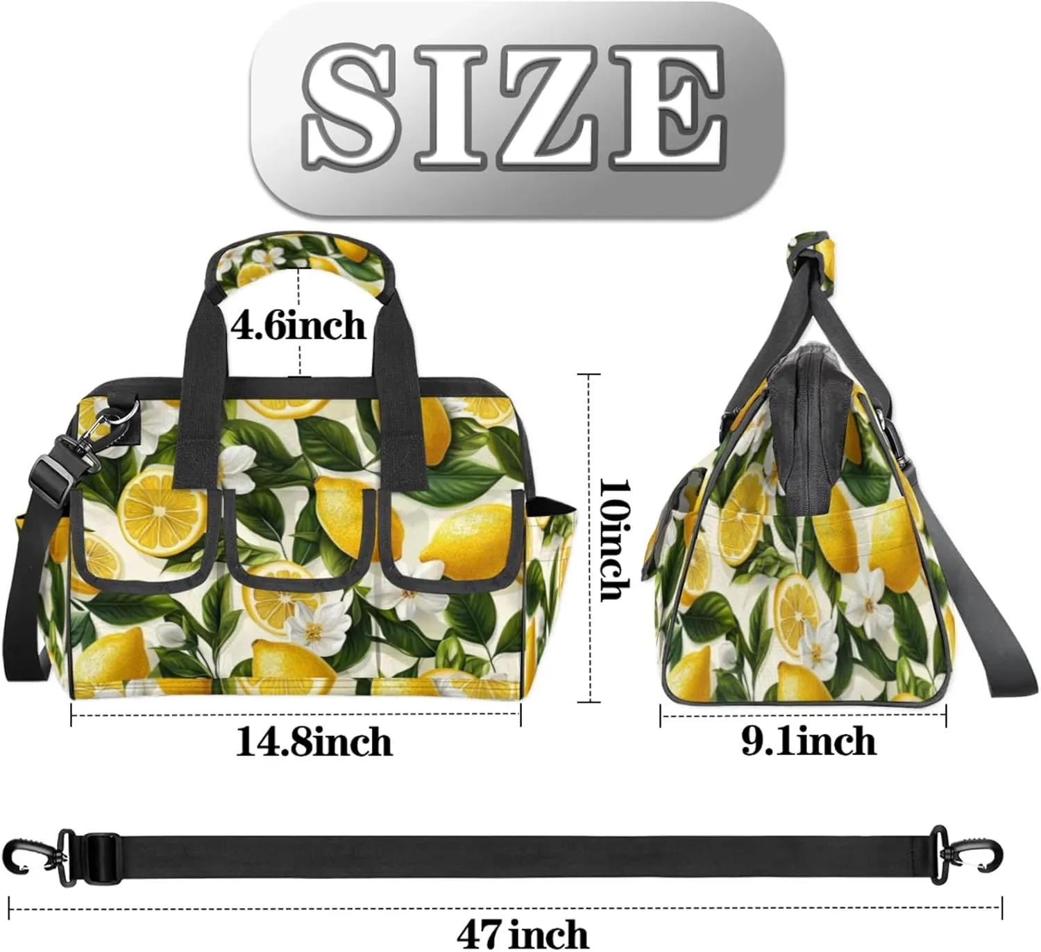 Lemon Tool Bags for Men and Women Fruits Leaves Heavy Duty Tool Tote Organizer Bag for Electrician Carpenter Mechanic, Adjustable Shoulder Strap