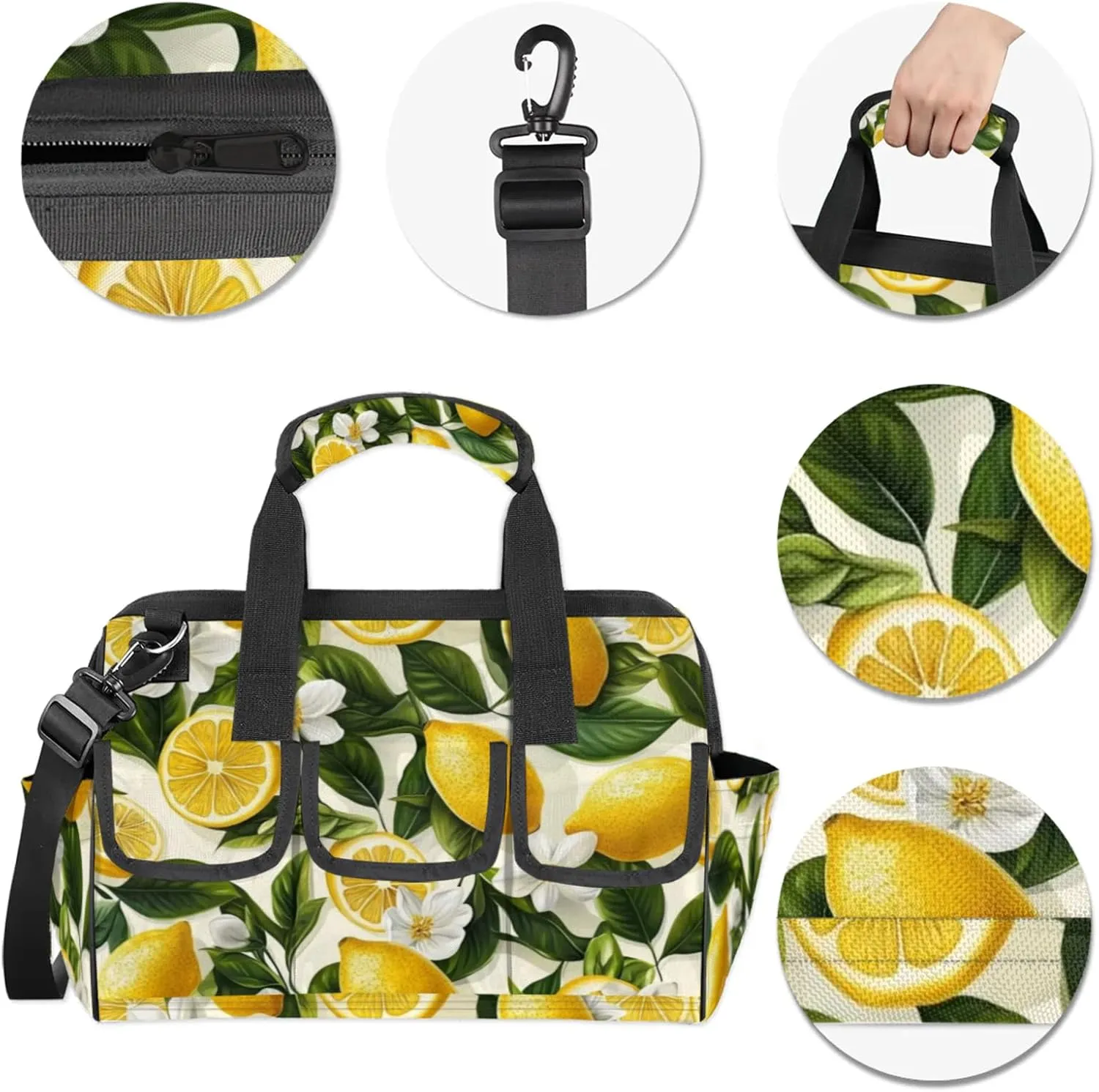 Lemon Tool Bags for Men and Women Fruits Leaves Heavy Duty Tool Tote Organizer Bag for Electrician Carpenter Mechanic, Adjustable Shoulder Strap