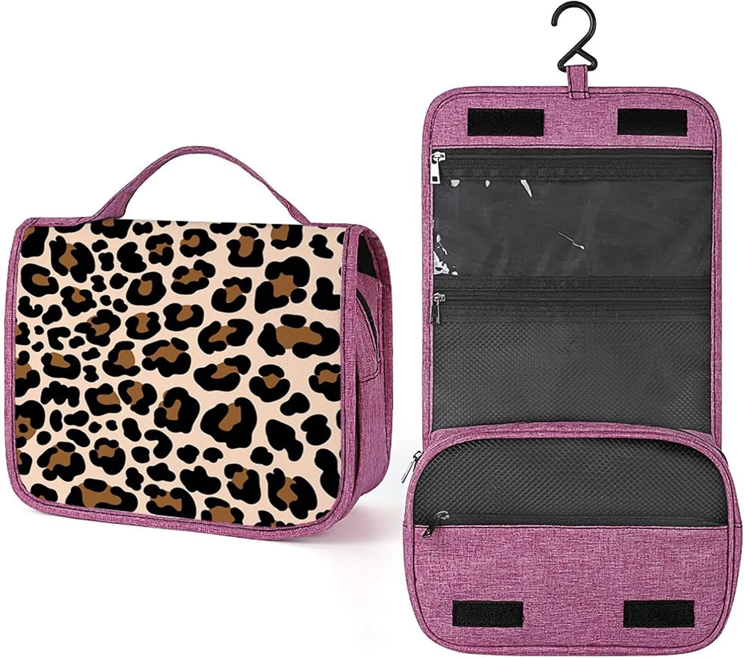 Leopard Theme,Toiletry Bag for Women,Animal Skin Leopard Animal Pattern,Water-resistant Hanging Bathroom Travel Makeup Organizer,Cosmetic Case Traveling for Full Accessories,Brown Black