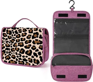 Leopard Theme,Toiletry Bag for Women,Animal Skin Leopard Animal Pattern,Water-resistant Hanging Bathroom Travel Makeup Organizer,Cosmetic Case Traveling for Full Accessories,Brown Black