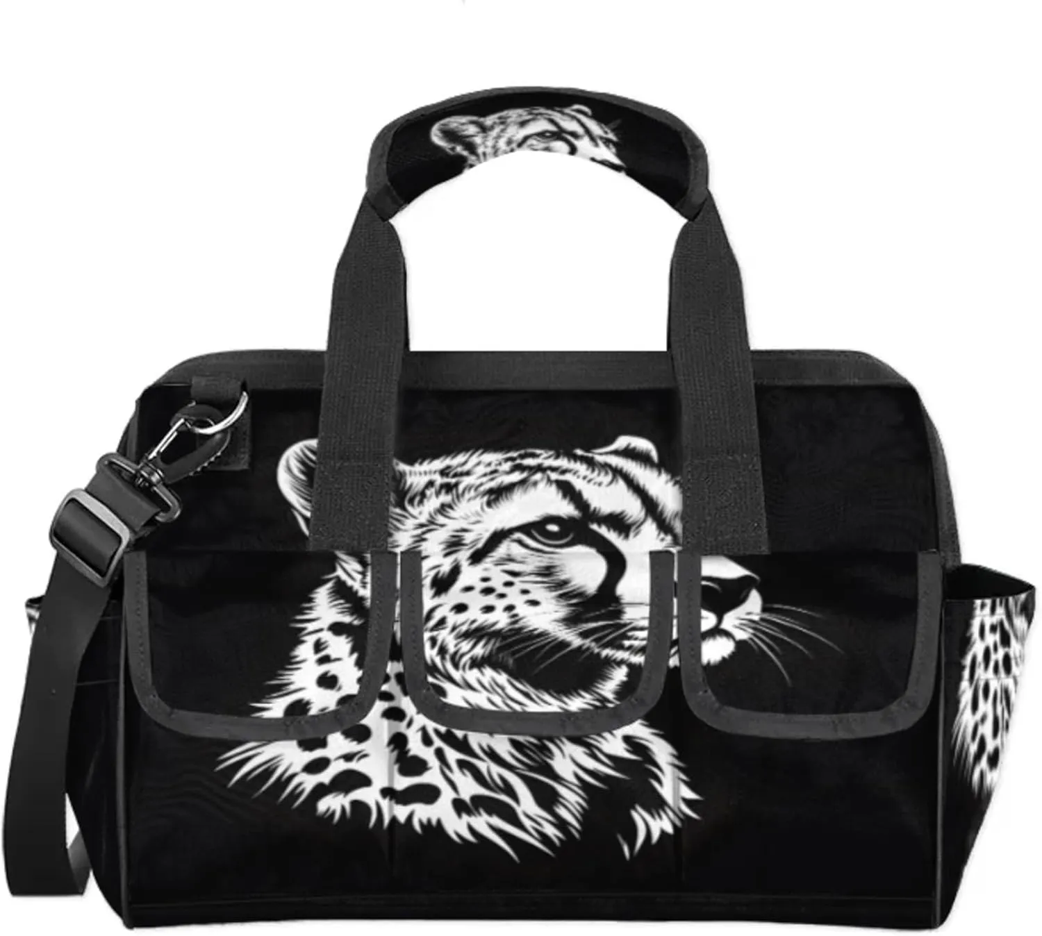 Leopard Tool Bags for Men and Women Black and White Leopard Heavy Duty Tool Tote Organizer Bag for Electrician Carpenter Mechanic, Adjustable Shoulder Strap