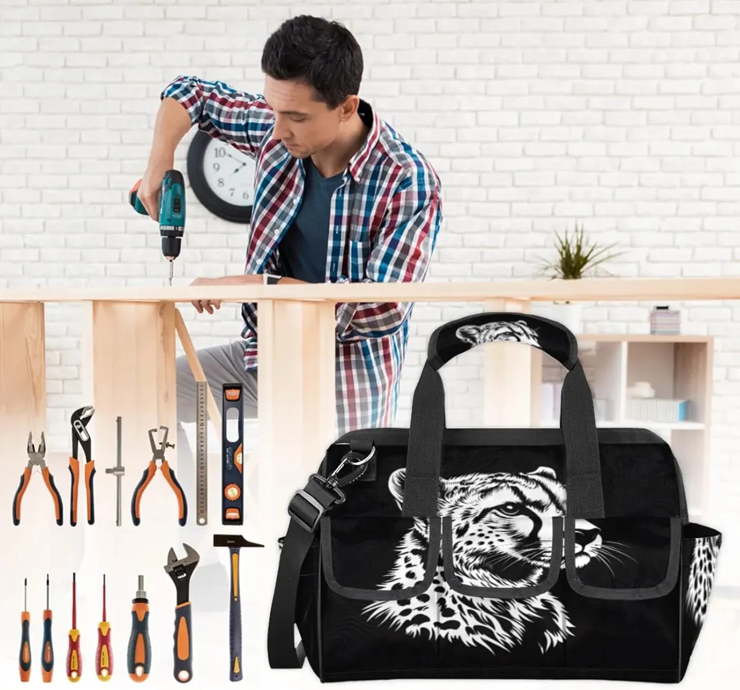 Leopard Tool Bags for Men and Women Black and White Leopard Heavy Duty Tool Tote Organizer Bag for Electrician Carpenter Mechanic, Adjustable Shoulder Strap