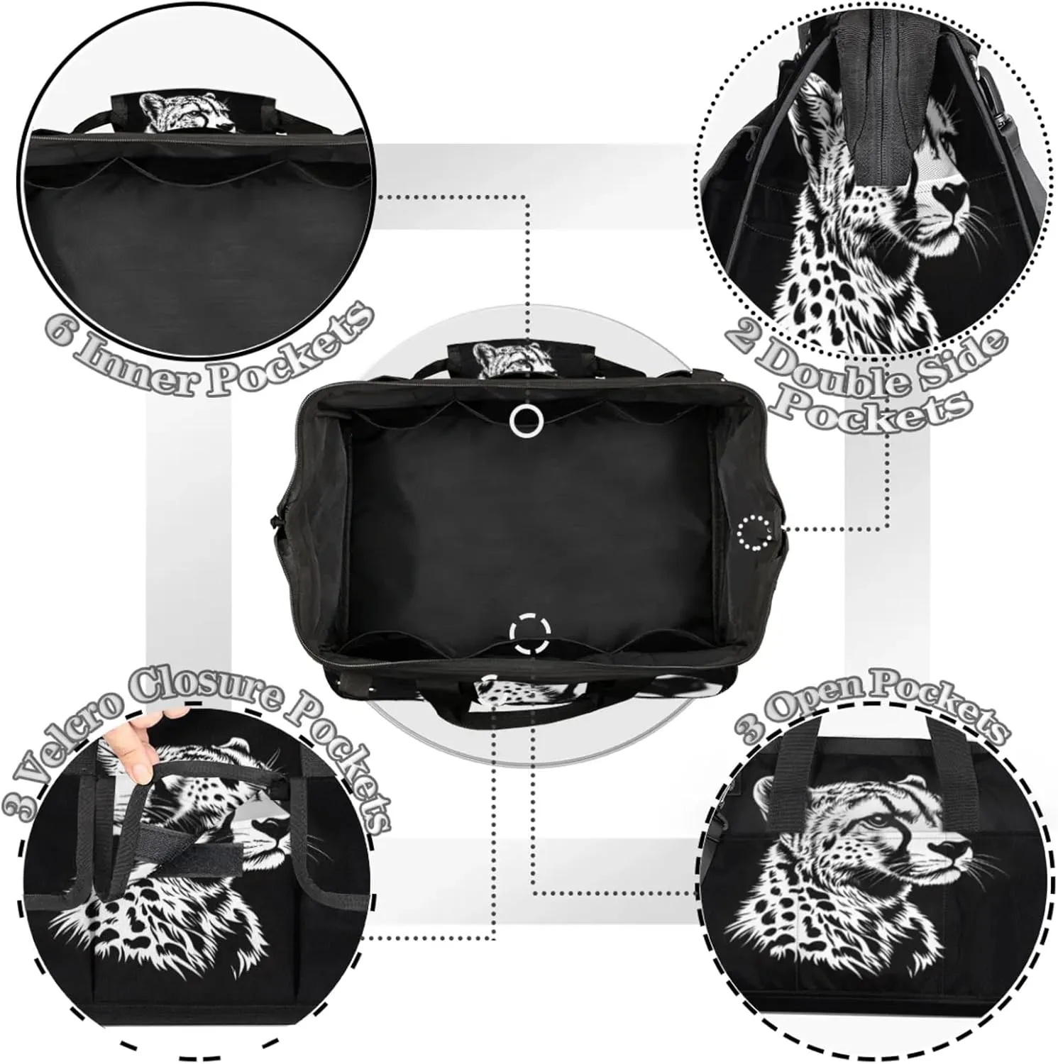 Leopard Tool Bags for Men and Women Black and White Leopard Heavy Duty Tool Tote Organizer Bag for Electrician Carpenter Mechanic, Adjustable Shoulder Strap
