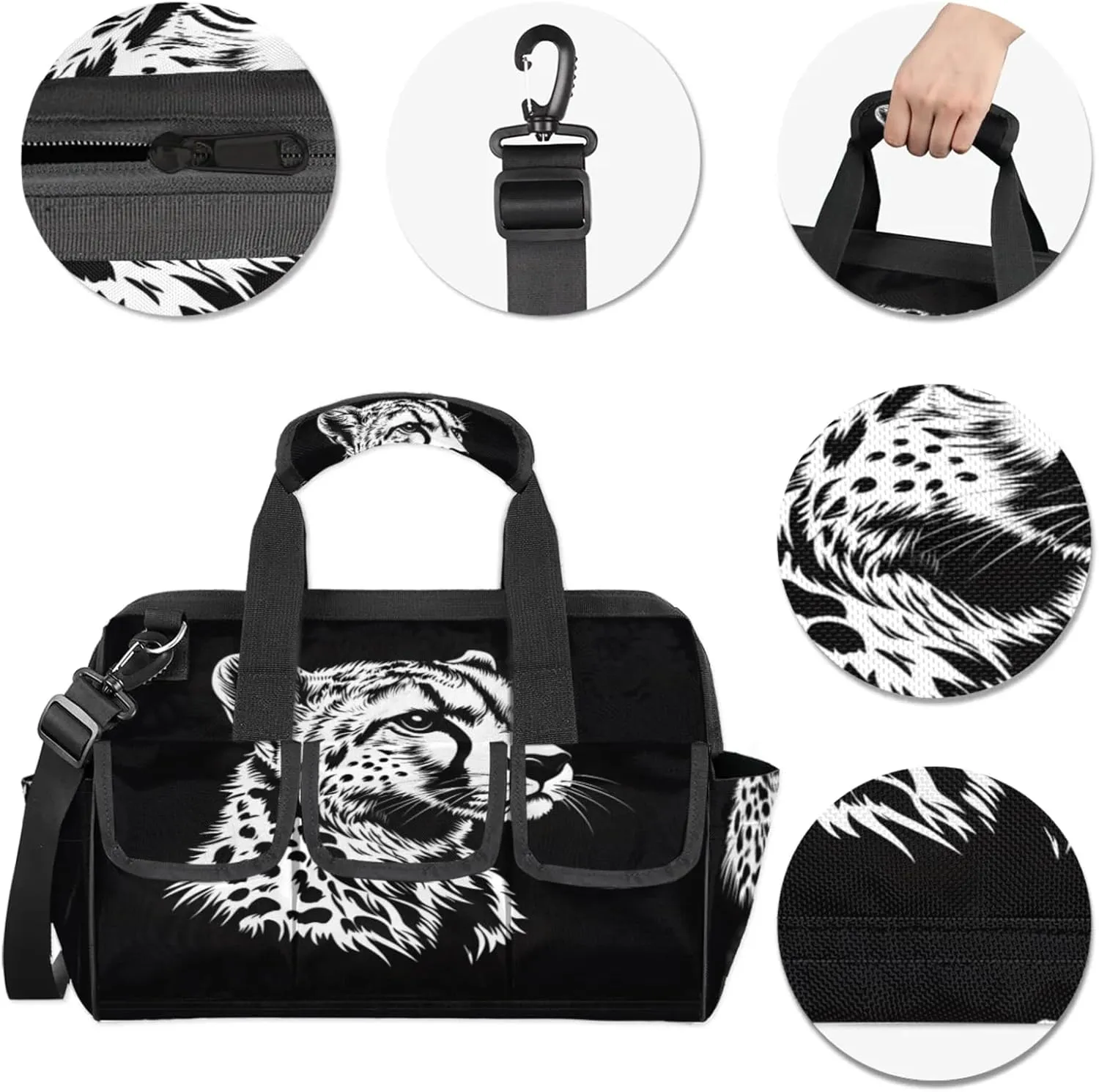 Leopard Tool Bags for Men and Women Black and White Leopard Heavy Duty Tool Tote Organizer Bag for Electrician Carpenter Mechanic, Adjustable Shoulder Strap