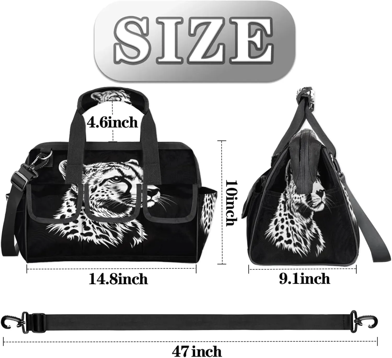 Leopard Tool Bags for Men and Women Black and White Leopard Heavy Duty Tool Tote Organizer Bag for Electrician Carpenter Mechanic, Adjustable Shoulder Strap