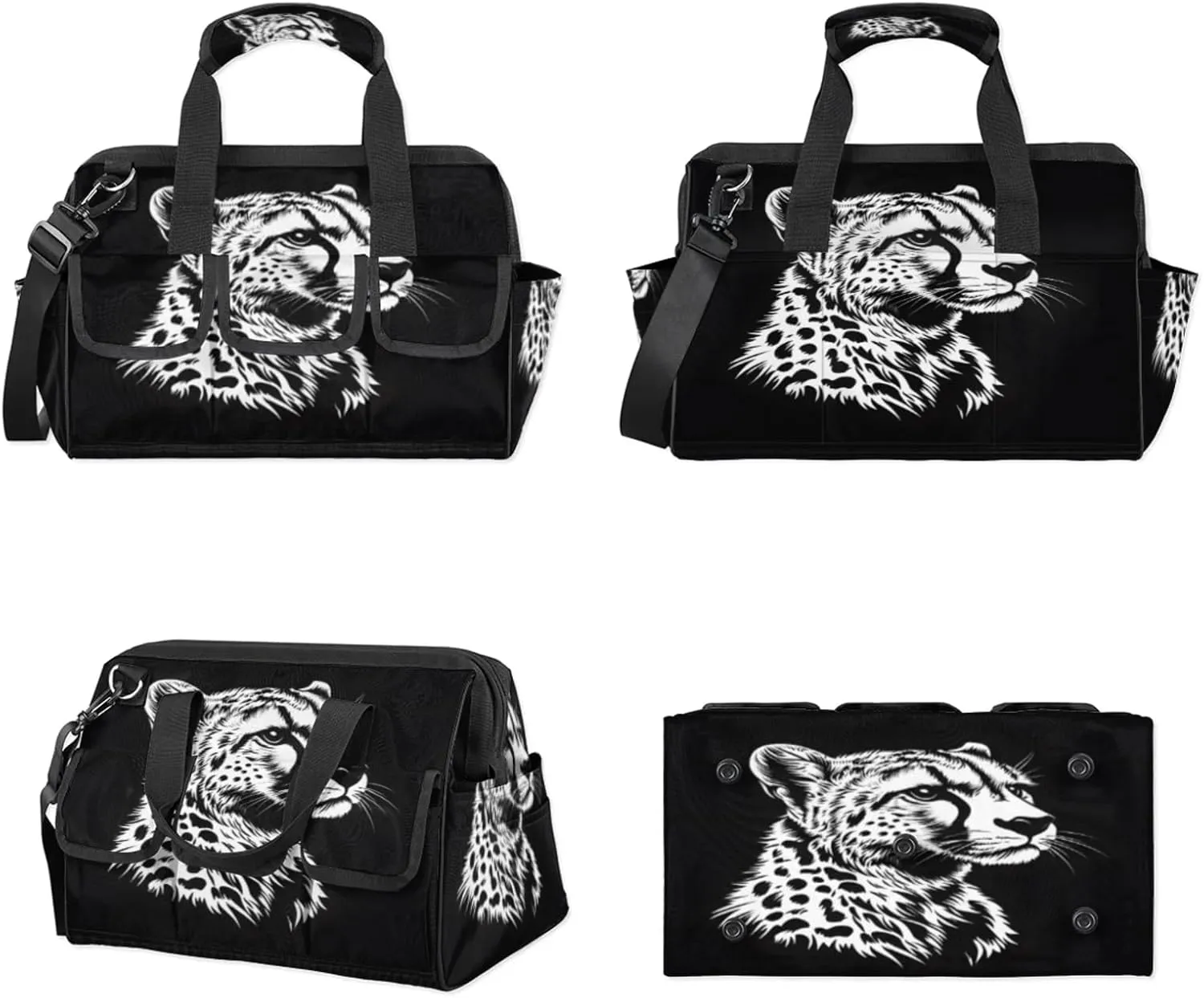 Leopard Tool Bags for Men and Women Black and White Leopard Heavy Duty Tool Tote Organizer Bag for Electrician Carpenter Mechanic, Adjustable Shoulder Strap